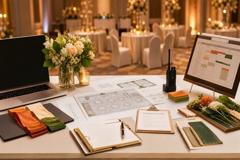 Event planning desk with schedules and coordination tools